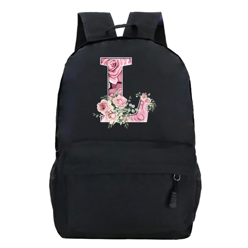 Pink Rose Alphabet Backpack Black Casual Women Aesthetics Rucksack Teenage Girl Boy Flower Letter School Bag Student Mochilas: MULTI