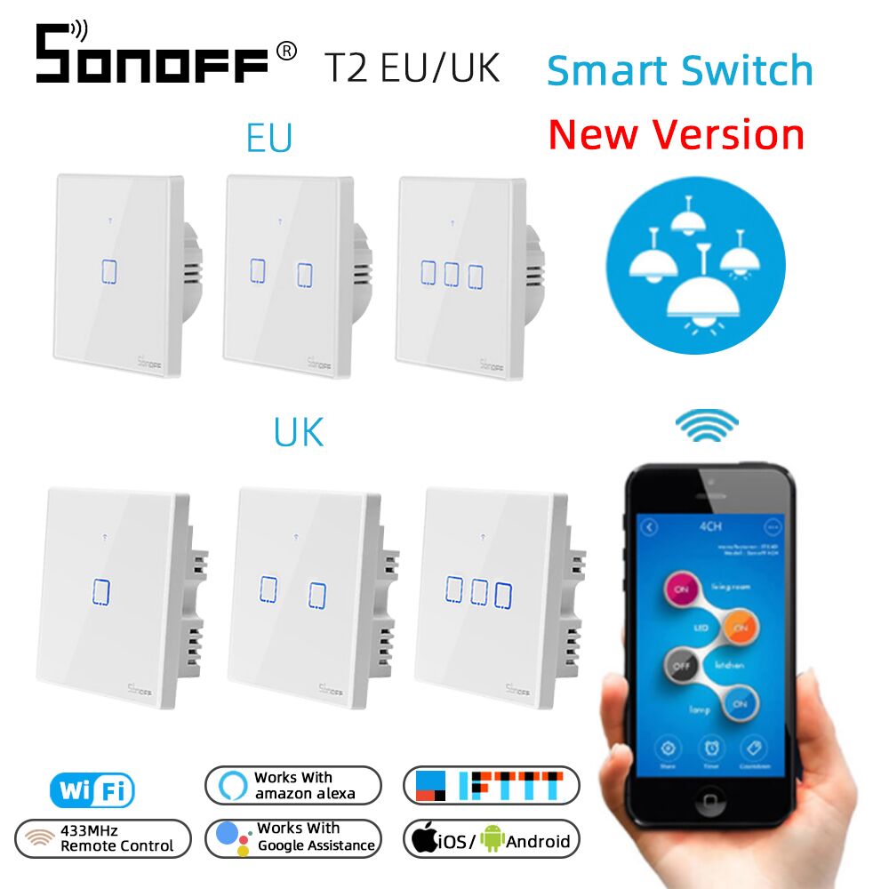 SONOFF T2 EU/UK 1/2/3 Gang Wifi Muur Panel Licht Schakelaar Socket 433mhz RF /Touch/eWelink Draadloze Afstandsbediening Google Home Alexa