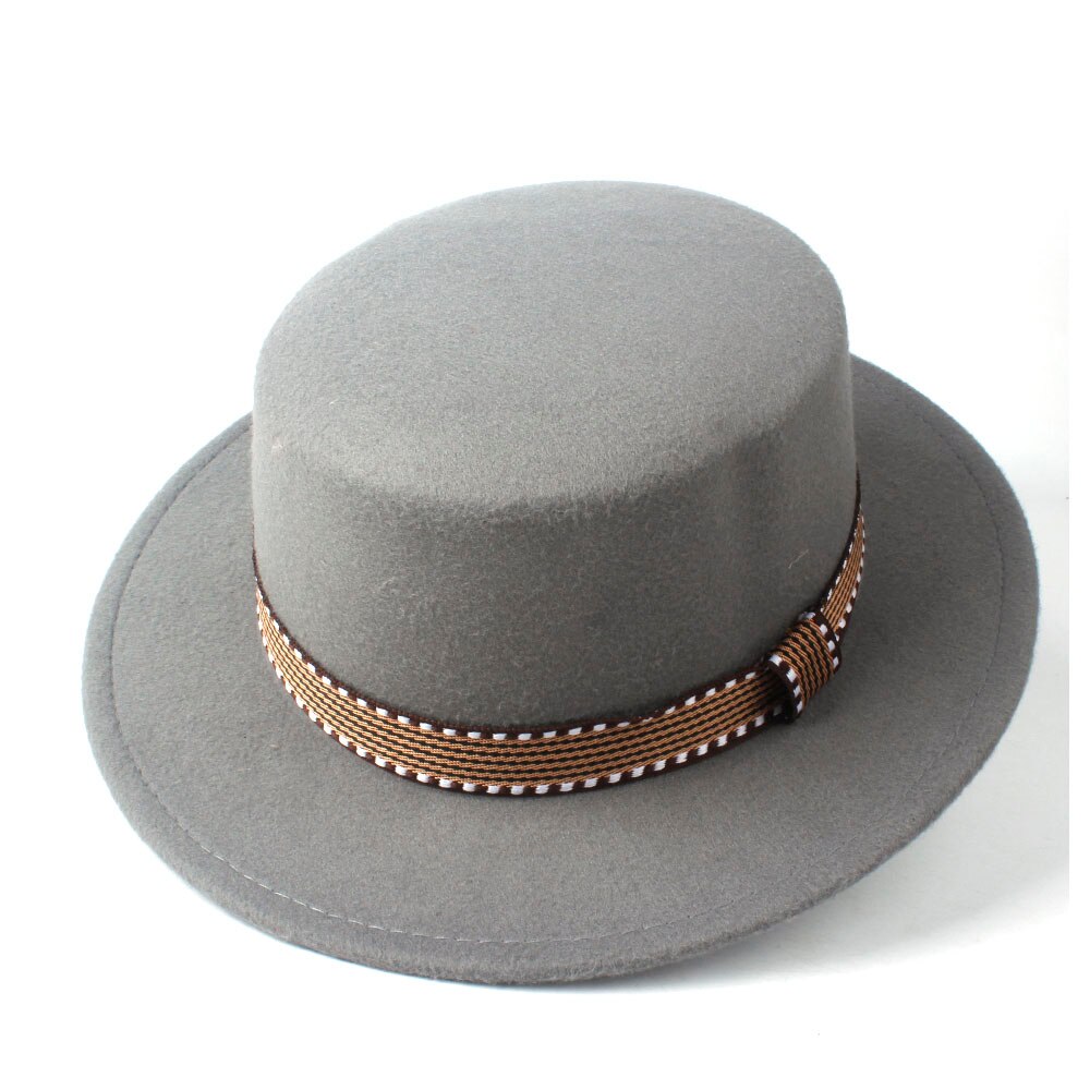 Men Women Flat Fedora Top Hat With Belt Wool Trilby Hat Pork Pie Hat Jazz Hat Size 56-58CM: Gray