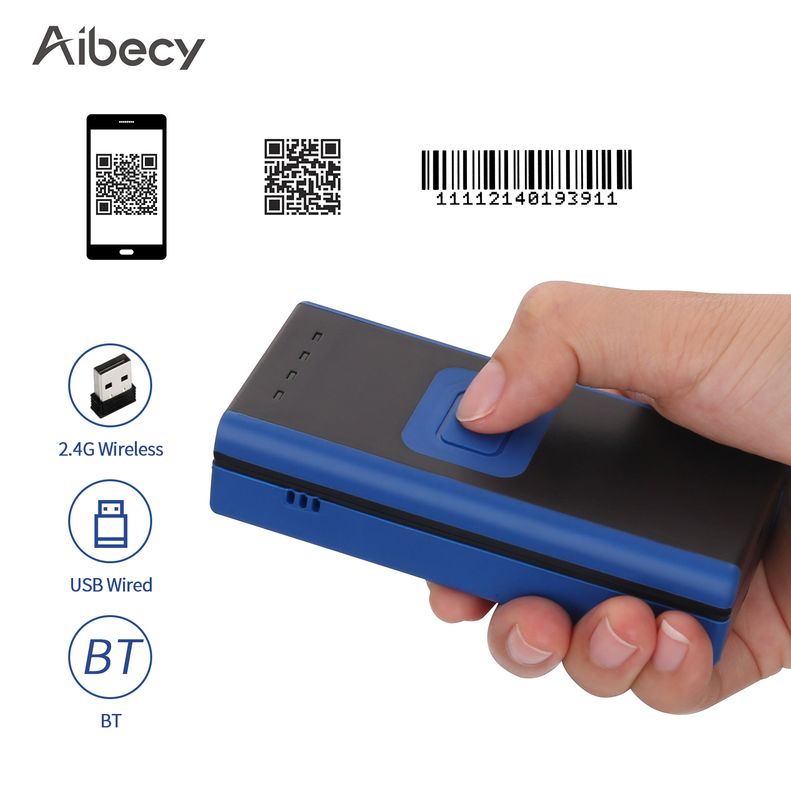 Aibecy handheld 1d 2d qr mini-barcode-scanner 3- in -1 bt &amp; 2.4g kabelloser & usb-kabelgebundener barcode-leser tragbarer scanner