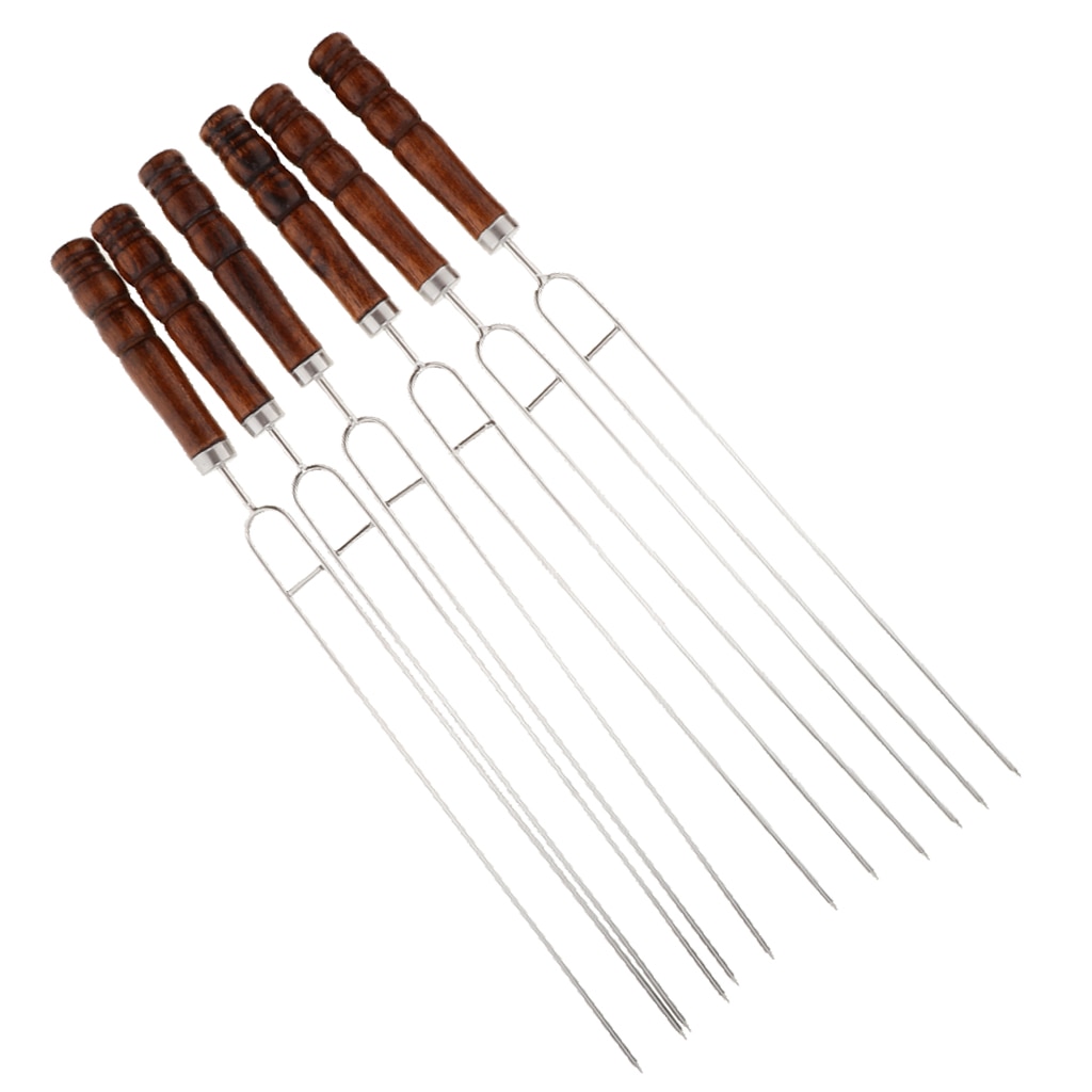 6 pièces en acier inoxydable Barbecue fourchette Barbecue brochettes Kebab cuisson bâtons pique-nique, réutilisable, antidérapant, pour Shish Kebab poulet aux crevettes