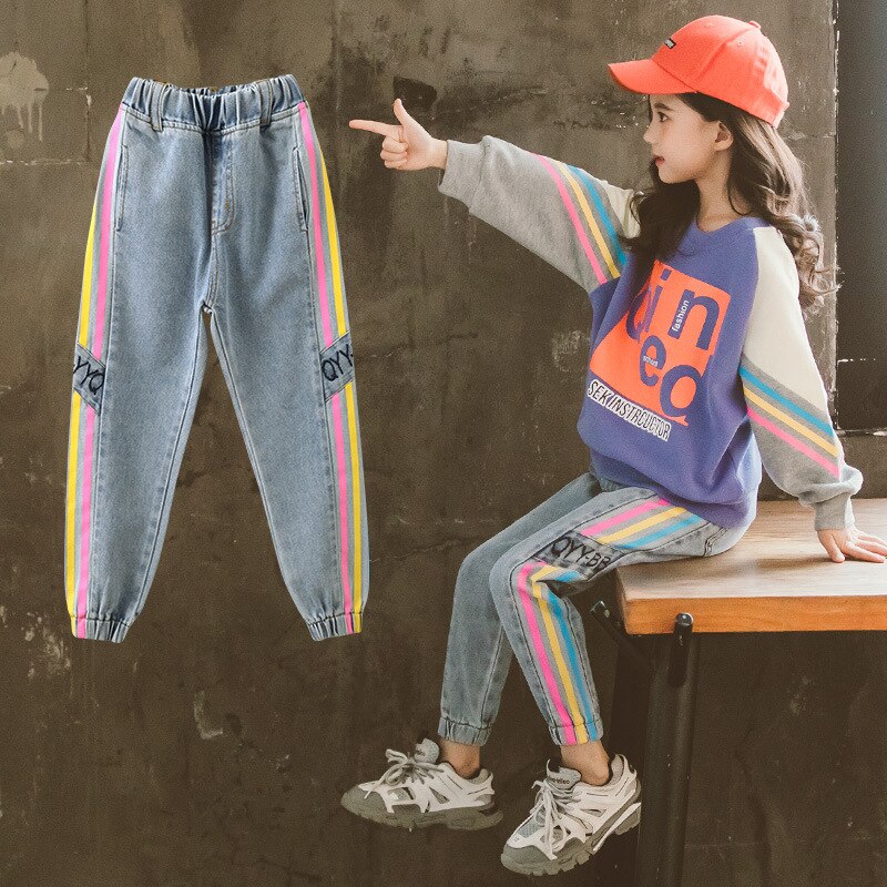 Børnejeans til teenagepiger brevprint piger jeans elastisk talje jeans til piger forår efterår afslappet bukser piger 8 10 12 14: 10