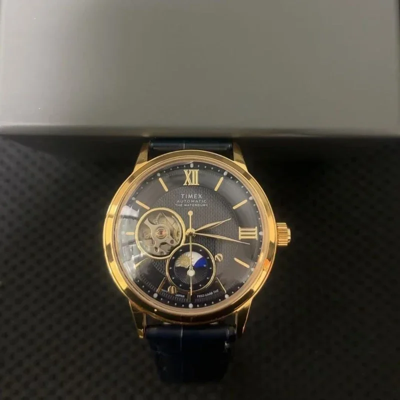 TIMEX automatisch herenhorloge luxe vrijetijdsbesteding multifunctionele horloges voor heren kalender lederen strip polshorloge: Multicolor