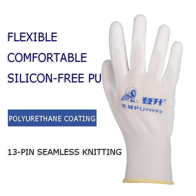 5/12 pares de guantes de trabajo blancos revestimiento de poliuretano de látex sumergido sin instrumento de precisión de taller resistente al desgaste de silicio