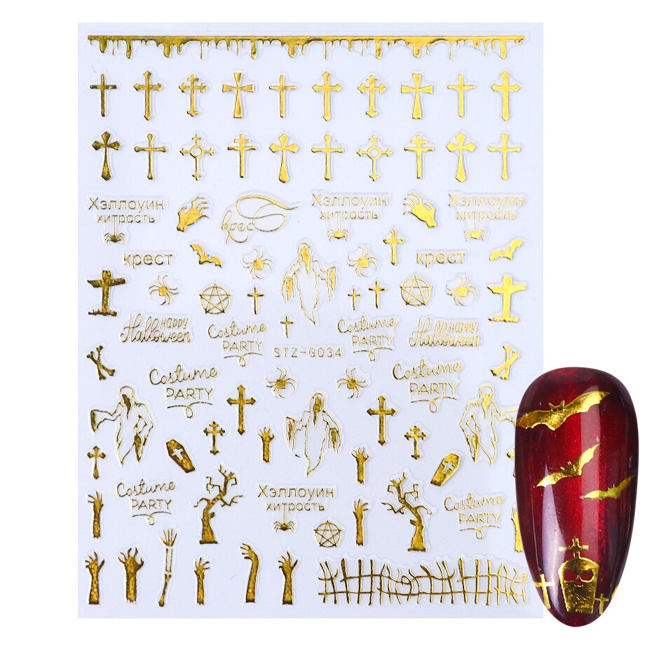 Halloween negler svarte klistremerker nail art dekaler edderkopp spøkelse gresskar kult skummelt skyveomslag negledekor manikyr chstzg 032-040: Stzg 034 gull