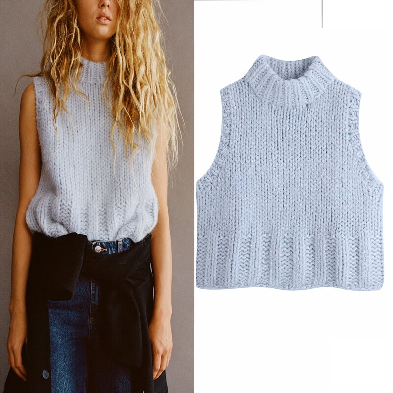 Za-suéter de punto para mujer, chaleco sin mangas con cuello redondo, ropa de calle, Top de punto para mujer, suéteres informales de para Otoño e Invierno
