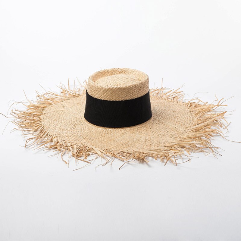 Sombreros Floppy de rafia elegantes para las mujeres negro blanco lazo visera del sol sombreros con flecos ala grande playa gorros con protección UV verano sombrero: with black band