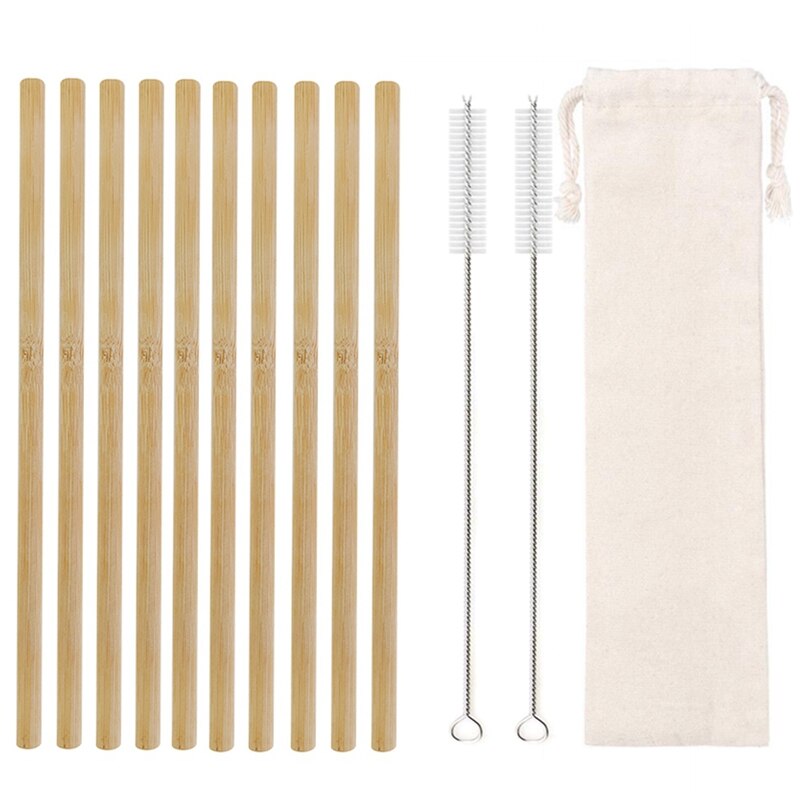 Natural Bamboo Straw Reusable Drinking Straws with Case + Clean Brush Eco-friendly Bamboo Straws Bar Cocktail Drinks Tools: 10Pcs Straight White