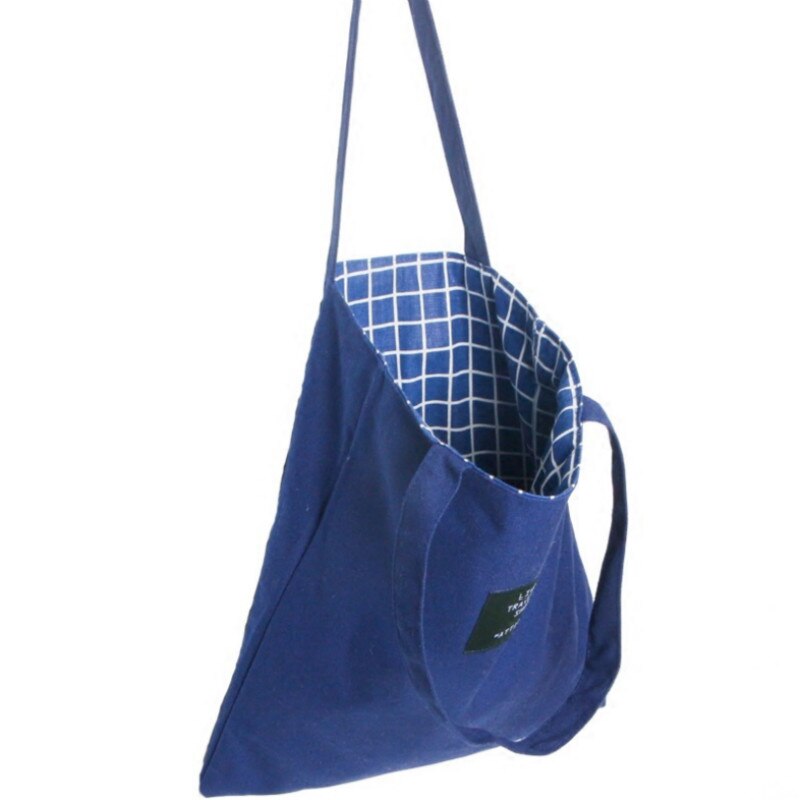 Bolso de lona informal para mujer, bolsa de compras reutilizable a cuadros de gran capacidad, bolsos de uso diario, bolso de compras de doble cara: Azul