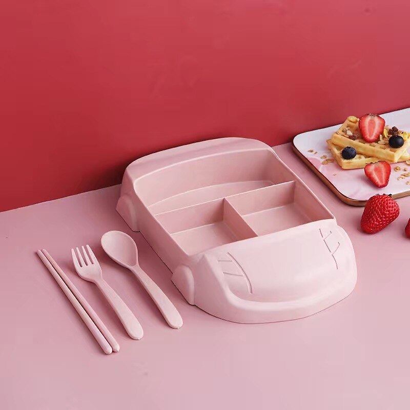 Children Tableware Plates Set Baby Feeding Dish Kids Crockery Split Plate Toddler Spoon Fork Bowl Kid Food Dishes Cutlery Gadget: Pink 4 set