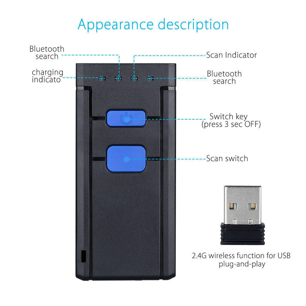 mini trådløs strekkodeskanner usb kablet/bluetooth / 2.4g trådløs 1d 2d 3d pdf 2877 strekkode til skanner ios android vinduer