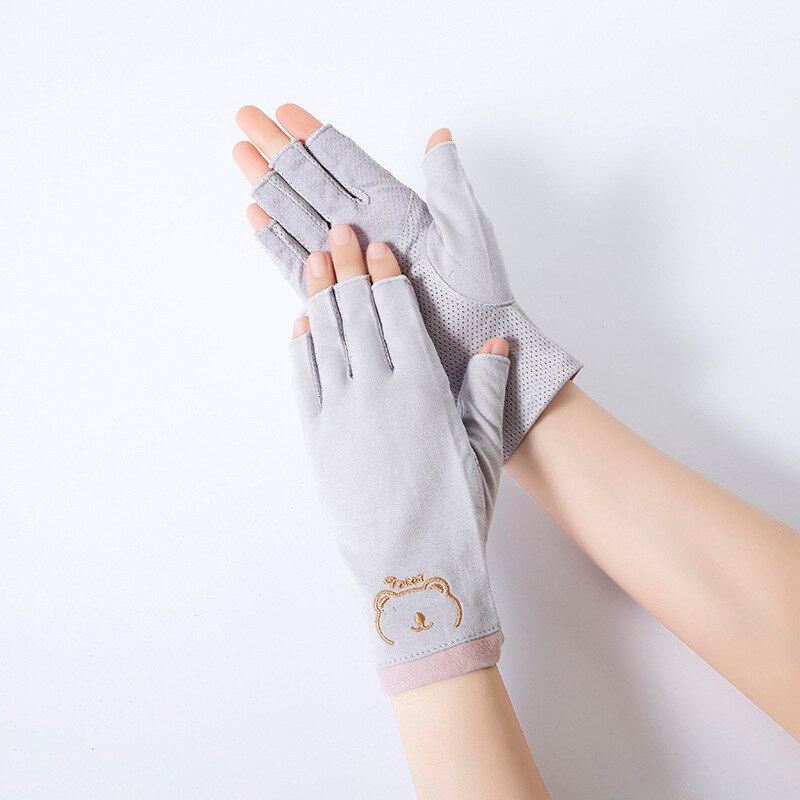 Summer Women Cotton Sunscreen Touch Screen Anti-UV Non-Slip Breathable Cute Lovely Drive Cycling Half Finger Gloves: grey