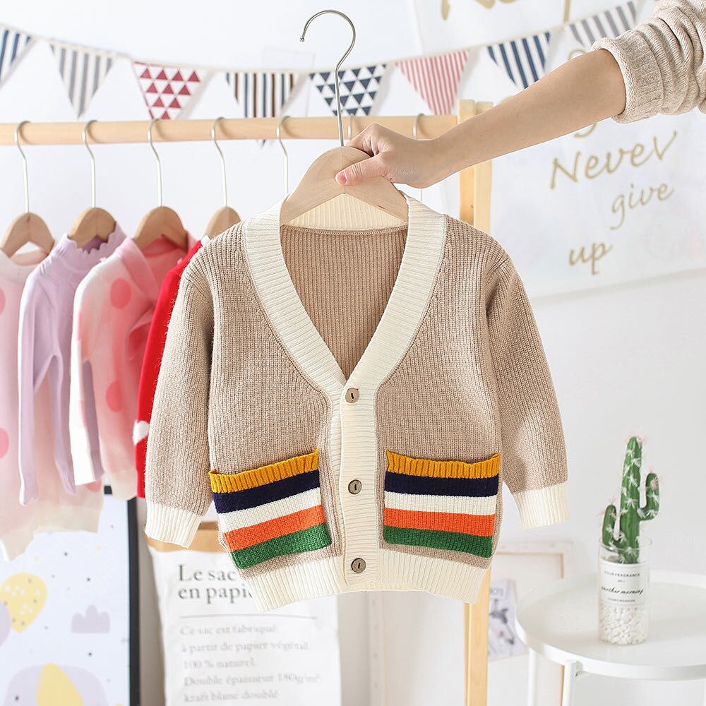 Børn forårstøj bomuldstrøje børn baby børn pige dreng striktrøje cardigan toppe outfit farverig sweater: Khaki / 8