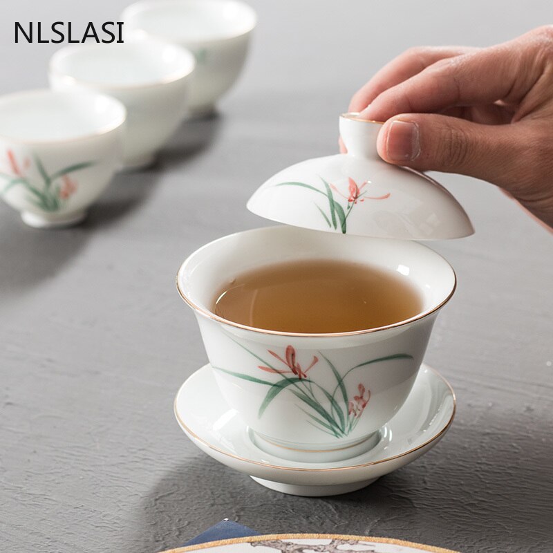 Chinese Style Ceramic Hand Painted Gaiwan Handmade Tea Bowl Set Tea Tureen Teacup Household Teaware Accessories Drinkware