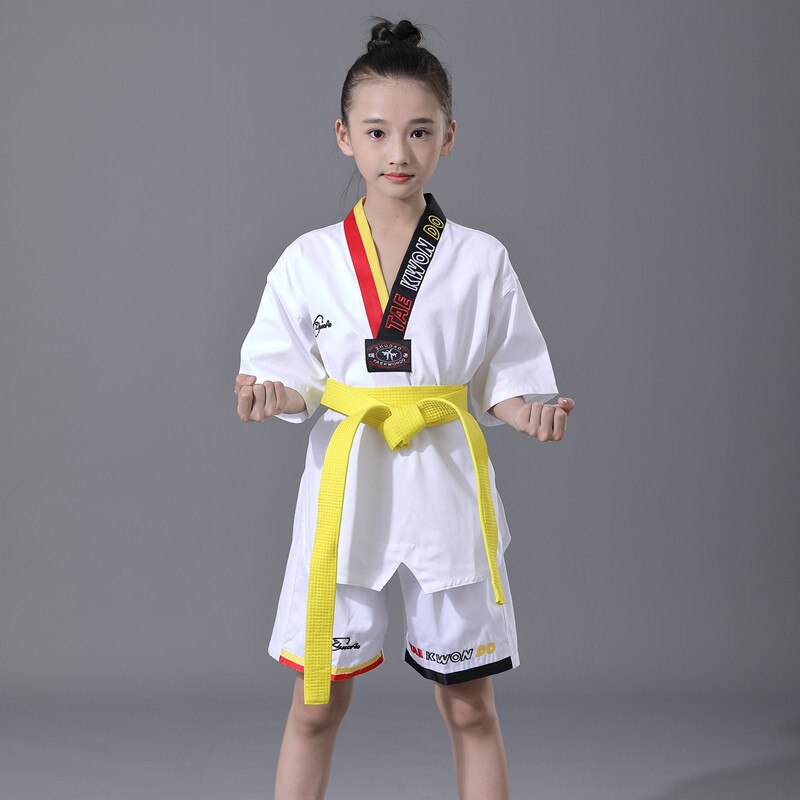 Bomuld åndbar junior taekwondo dobok børn piger og drenge wtf godkend karate uniform dragt træningstøj: Xxxl
