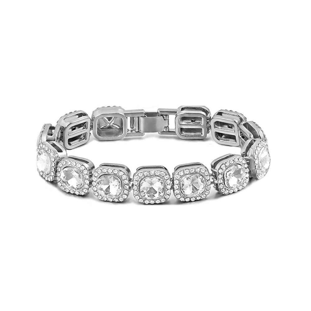 Cadena de tenis con corazón de cristal helado, pulsera de cadena de eslabones cubanos de Miami para mujeres y hombres, pulseras de cadenas gruesas de hip hop, joyería: 16 cm / Rodio plateado