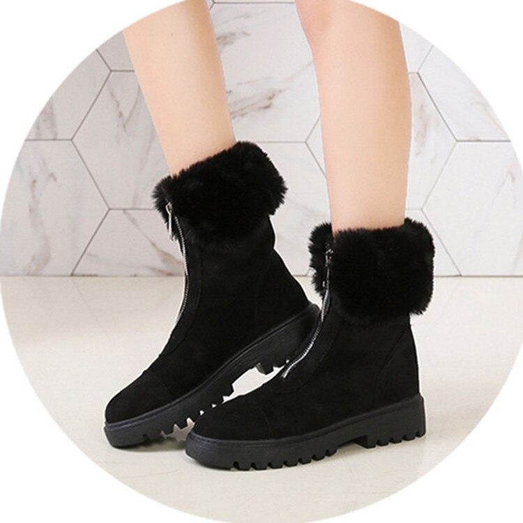 Women Boots Winter Mid Calf Front Zipper Warm Snow Boots Platform Keep with Thick Fur Heels Femme: Black / 35