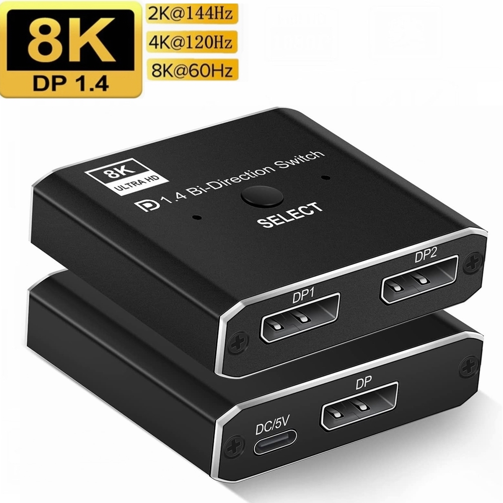 2 x 1 1 x 2 displayport dubbelriktad switch 8k @ 60hz 4k @ 120hz manuell dp dubbelriktad switch 2 in 1 utgång för pc-skärm projektor tv