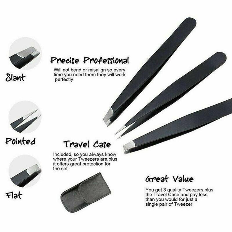 Set van 3 wenkbrauwpincetten, roestvrij staal, puntig, schuin haar, make-upclips, gereedschap, etui, puntig, plat, verwijdering met punt, wenkbrauw, oog