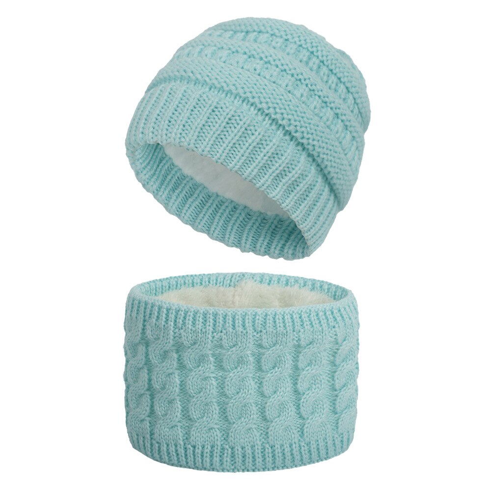 Winter Children's Skullies Hat Scarf Set Thick Knitted Kids Two pieces Fluffy Hats Scarf Sets Solid Warm Cap Girls boys Hats: Green