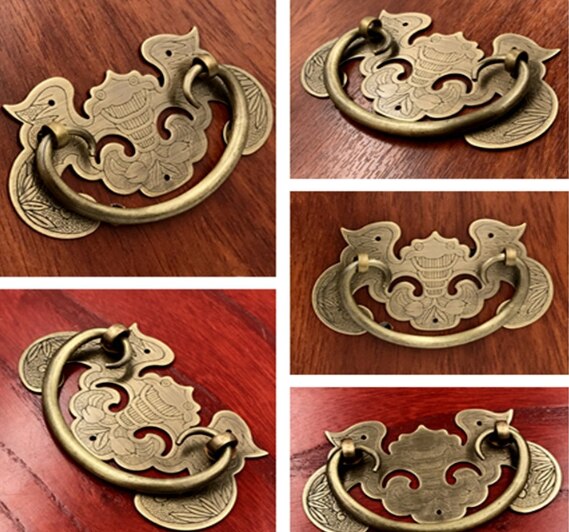 Zuiver Koper Ladehandvat Moderne Chinese Retro Messing Dubbele Gat Massief Houten Meubels Accessoires Kleine Haretro Antieke Deur