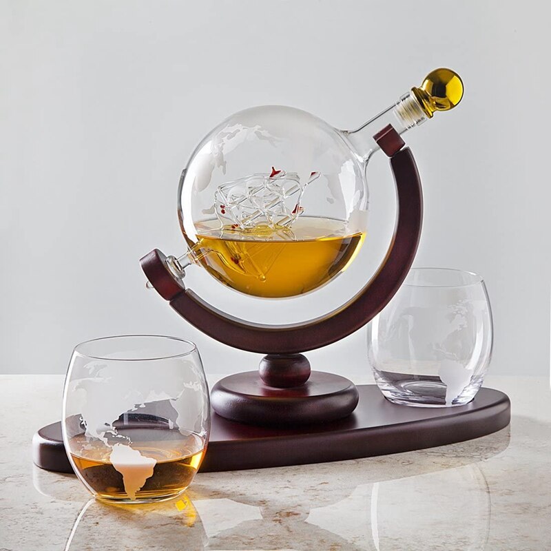 Whiskey Decanter Globe Set with 2 Etched Globe Whisky Glasses - for Liquor, Bourbon, Vodka - 850Ml.