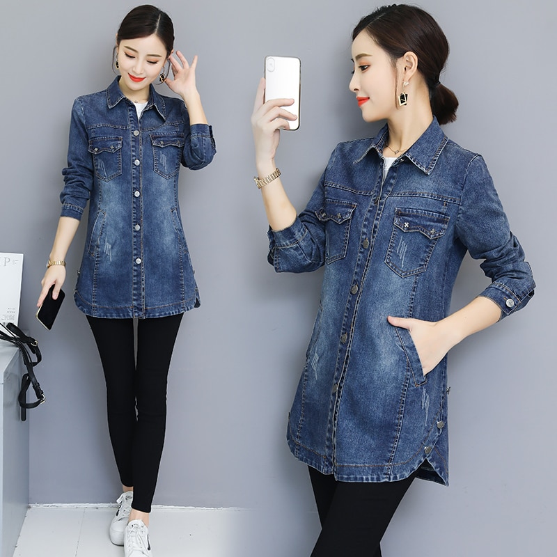 Kvinder lang denim jakke forår efterår plus størrelse 3xl løse fuld ærmer blå toppe kvindelige casual piger outwear  c80612l