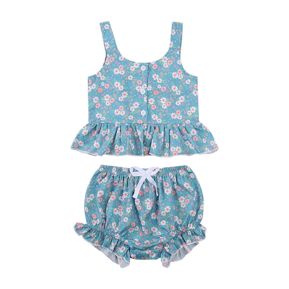 Baby Camisole + Shorts, Ruffle Decoration with Small Daisy Print Elastic Waist Summer Clothing 6M-4T: Blue / 12M