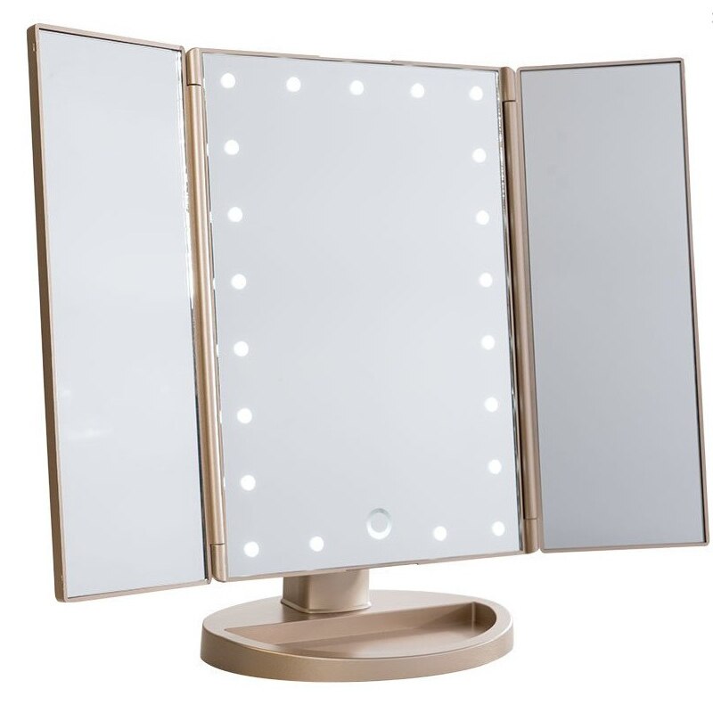Espejo LED para maquillaje, espejo plegable con luz, 2 veces 3 veces más grande, espejo de relleno, espejo dorado rosa