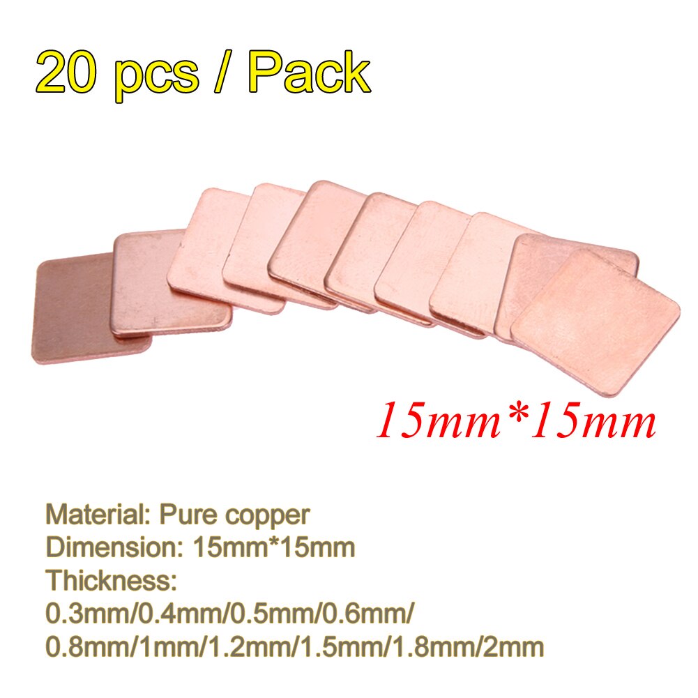 20pcs/lot 15x15mm DIY Copper Heatsink Thermal Pad Heat Sink Sheet 0.3mm