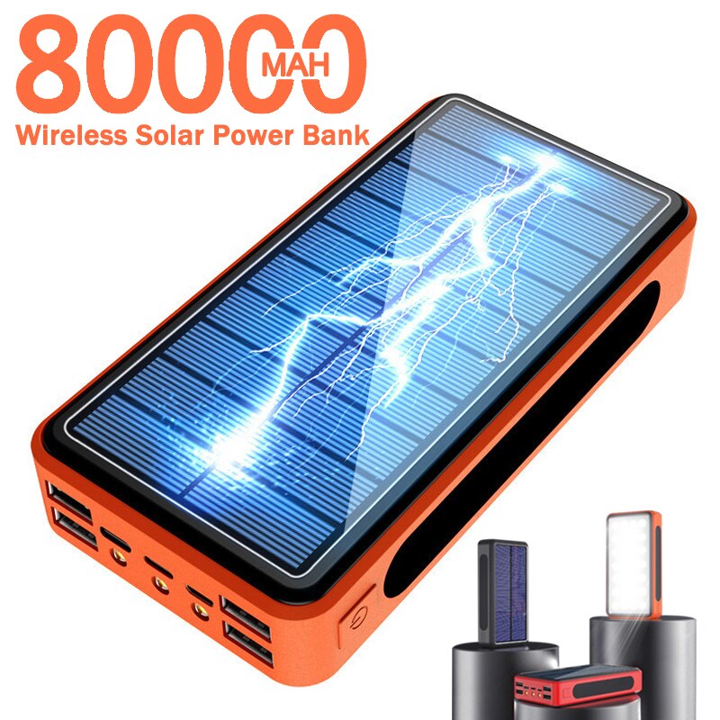 80000Mah Solar Power Bank 4 Usb Draagbare Externe Lader Snel Opladen Powerbank Led Licht Externe Batterij Voor Xiaomi Iphone