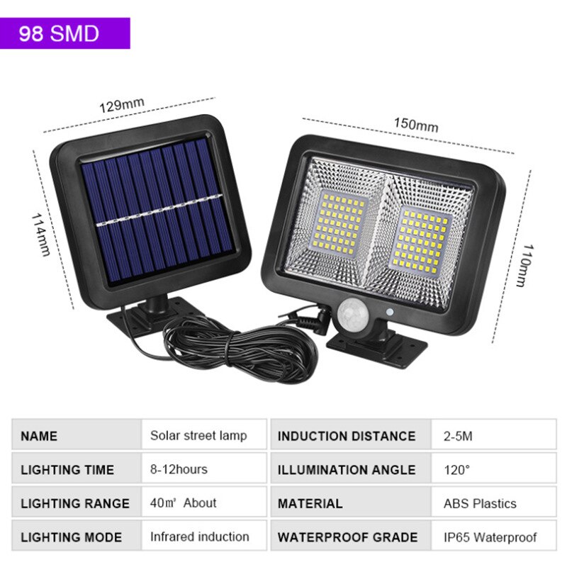 Pir bevægelsessensor outdooe gadelys solpanel strøm 30w 600lm cob 120/100 led vandtæt sollys væg have solcellelamper: Smd 98 lysdioder