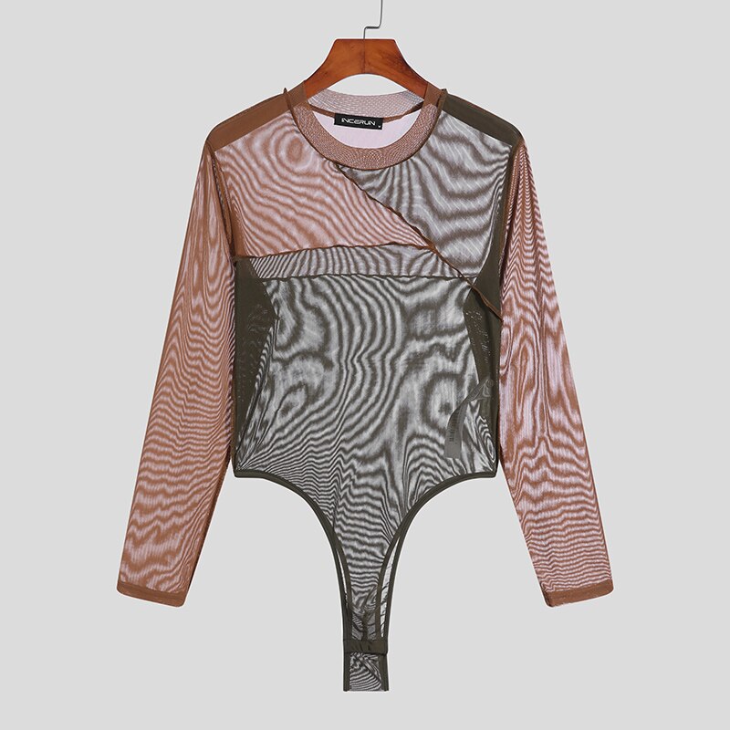 Incerun Mannen Bodysuits Mesh Patchwork Transparante Sexy O-hals Lange Mouw Rompertjes Pyjama Skinny Ondergoed Heren Bodysuit S-5XL: L