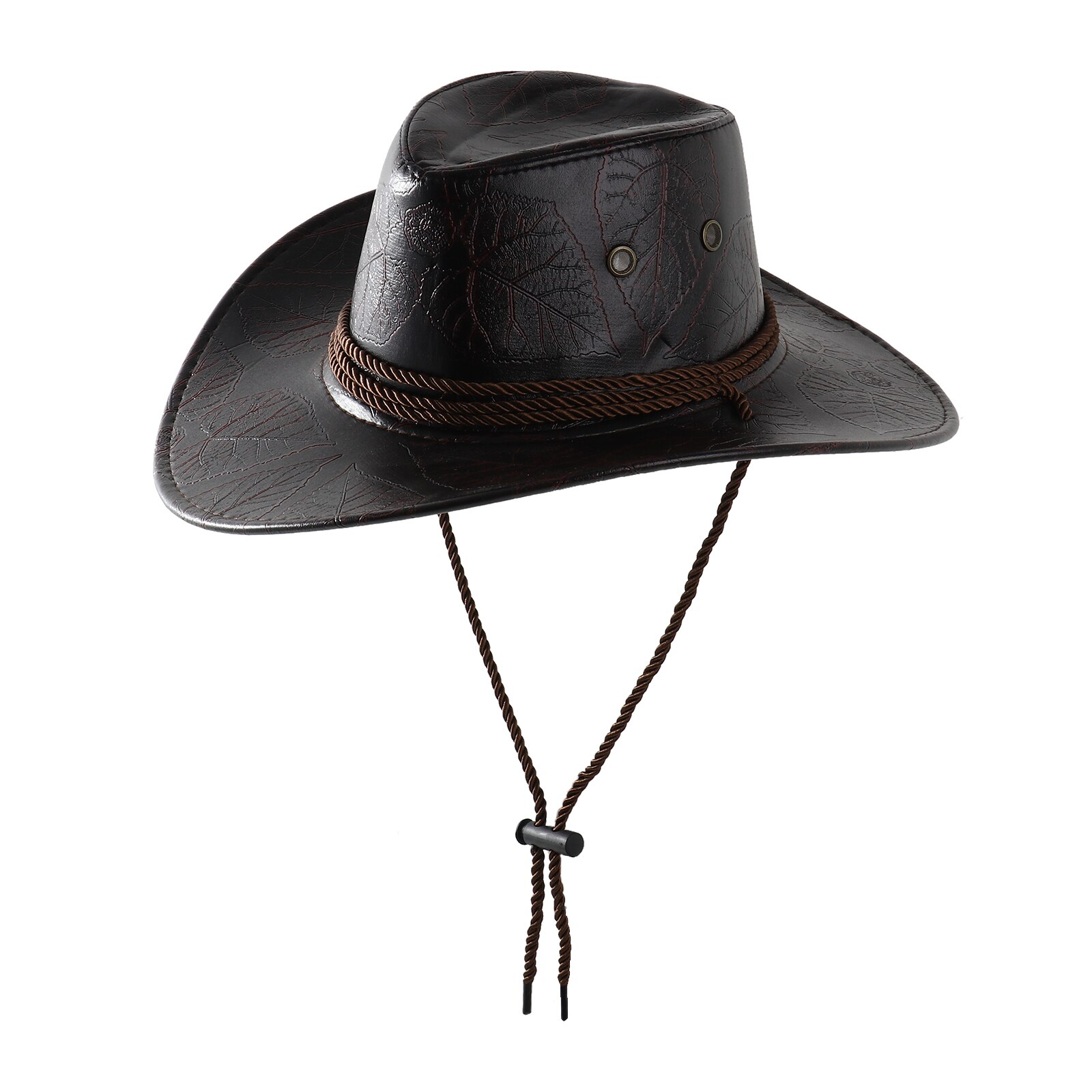 Western Cowboy Hat Retro PU Leather Rider Cap Adjustable Cosplay Grassland Cowboy Caps Women Men Outdoor Travel Sunscreen Hats: Coffee