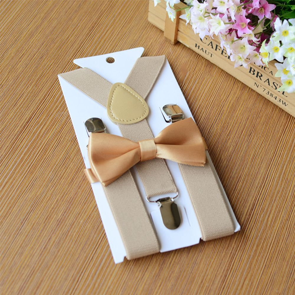 Børn elastiske seler butterfly sæt matchende smoking jakkesæt unisex dreng pige bowtie bryllup kostume justerbar y-tilbage bøjle bælte: Beige