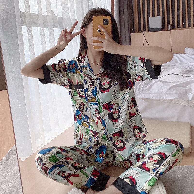 Pyjama drôle printemps et été pour femmes à manches courtes et pantalons longs 2 pièces ensembles de pyjama décontractés pyjama femme vêtements de nuit en soie