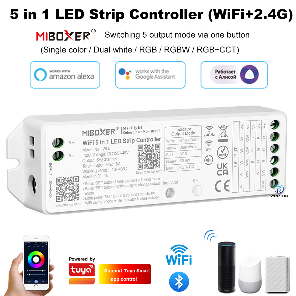 Miboxer WL5 2.4G 5 IN 1 WiFi LED Controller Voor Enkele kleur CCT RGB RGBW RGB + CCT Led Strip APP/TUYA/Driedaire Partij Spraakbesturing
