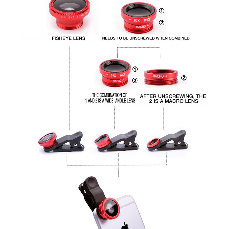 Lentillas de ojo de pez para teléfono móvil, Kits de lentes de cámara de gran angular para iPhone, Samsung, Huawei, Xiaomi Oneplus 7