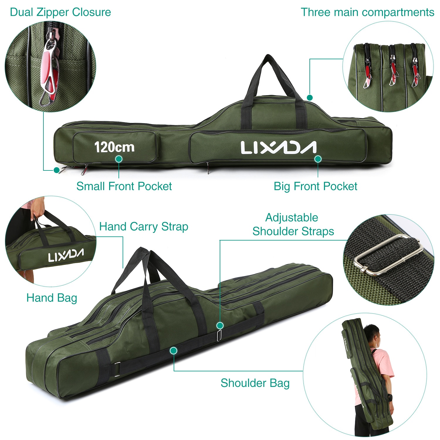 Lixada-bolsa para caña de pescar de 3 capas, caña de pescar portátil para estuche de transporte, carrete de pesca, bolsa de almacenamiento de hombro, 90cm/120cm/150cm