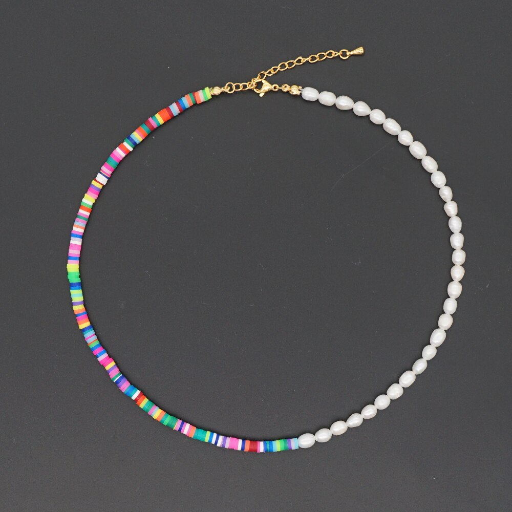 Go2 boho zoetwaterparels kettingen voor dames, sieraden van polymeerklei, heishi, 4mm kralen, handgemaakte choker, roestvrijstalen ketting: Zz -n200033f