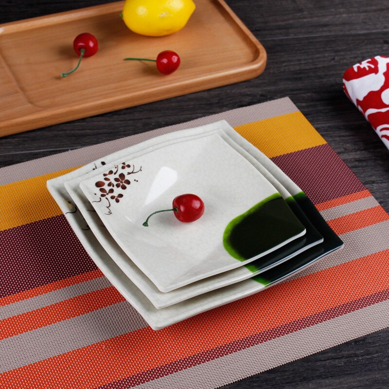 Högkvalitativ kvadratisk plastik maträtt lunch mat godis tallrik bricka porslin lotusblad mönster tårta frukt snack tallrik kinesisk stil