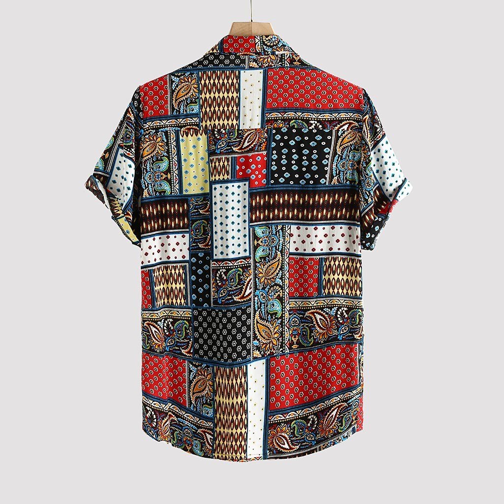 KLV man blouses Cotton tunic Mens Vintage Ethnic Style Printing Loose Short Sleeve Stand Collar Casual Shirt