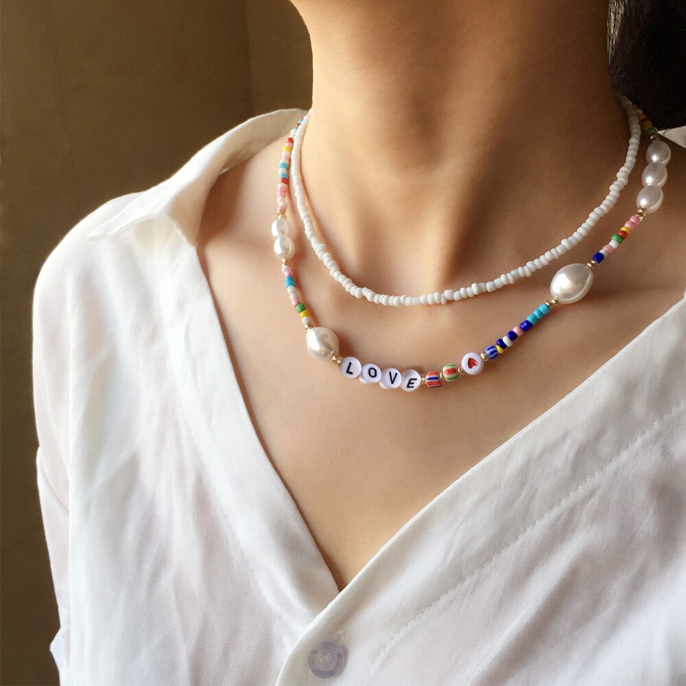 HangZhi 2pcs/set Baroque Pearls Geometric Heart Cylinder Wooden Beads Alphabet LOVE Colorful Beaded Collar Necklace