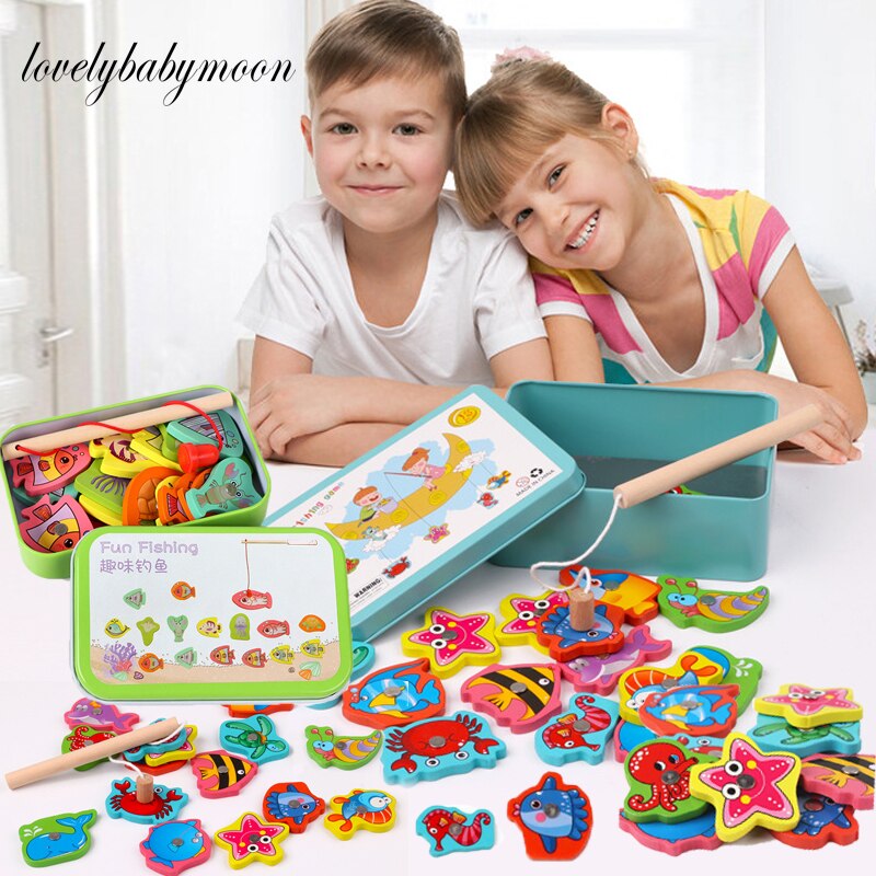 15Pcs Fish Wooden Magnetic Fishing Toy Set Baby Educational Toys Fish Game Educational Fishing Toy with Box