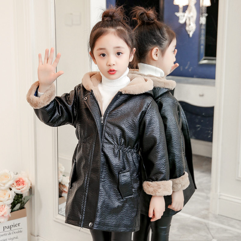 Faux Lederen Jas Meisjes Hooded Parka Fleece Jas Lange Lederen Elastische Taille Lederen Fleece Stof Waterdichte Bovenkleding Jas: Khaki / 4