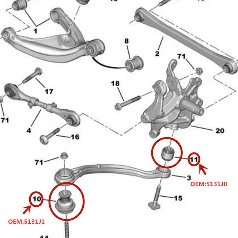Buje de brazo de flexión trasero para coche, accesorio de goma con bisagras para Peugeot 508, Citroen C5, C6, DS7, 5131J1, 5131J0