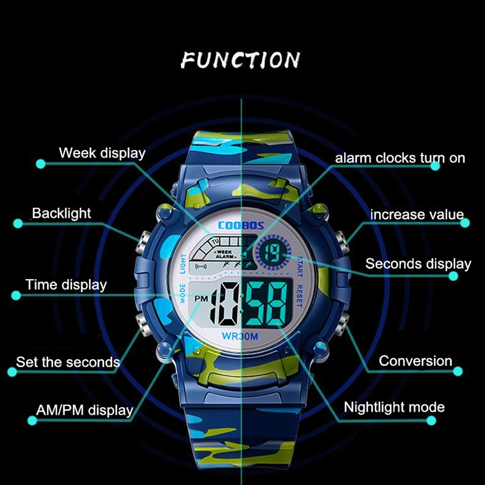 COOBOS Kinderuhr Tarnung Sport Elektronische Digitaluhr Wasserdichte Multifunktions-LED-Uhr für Jungen Mädchen Kinderuhr