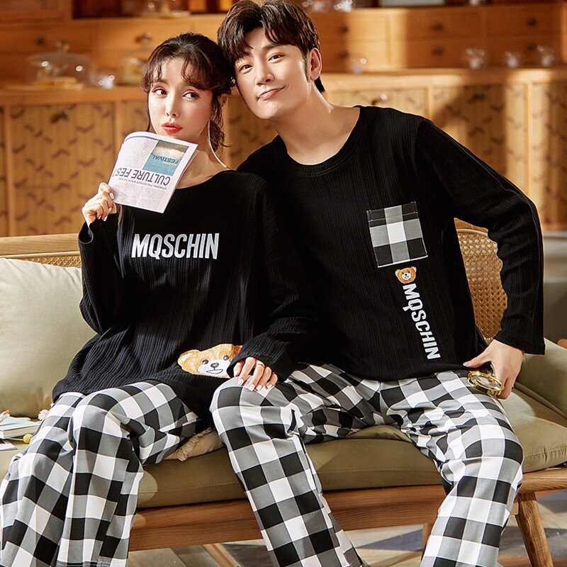 SONG Spring Summer Couples Pajama Sets For Women Men Long Sleeves Cotton Casual Pyjamas Home Suit 2 Pieces Sweet Match