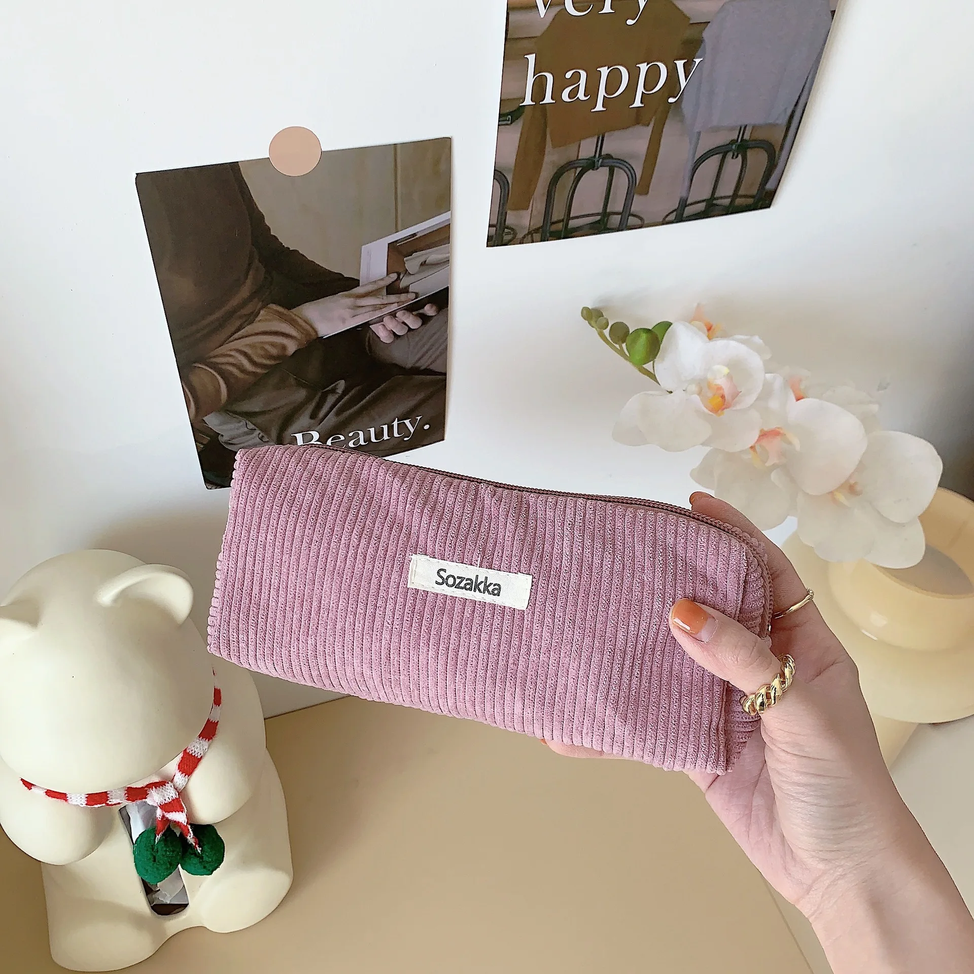 Bolsa de lápices de almacenamiento de papelería sólida, pana para estudiantes de secundaria, estuches de lápices de papelería, suministros escolares: Castaño