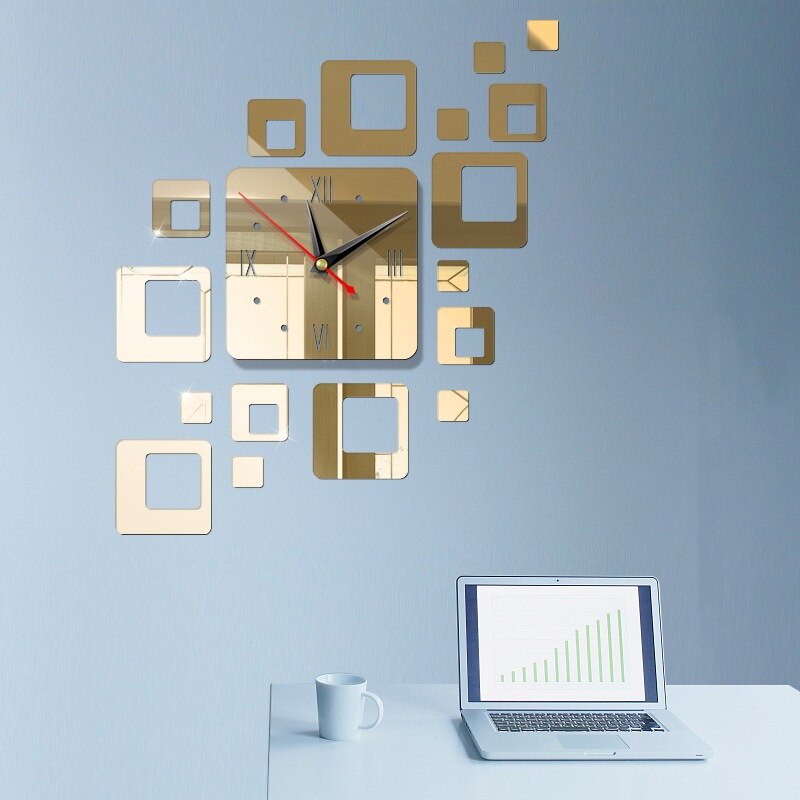 1pcs DIY Modern Mirror Surface Large 3D Wall Clock Home Office Wall Stickers Living Room Decoration: light gold